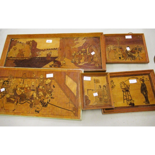 411 - Group of five various unusual marquetry inlaid wooden wall plaques, depicting various figures