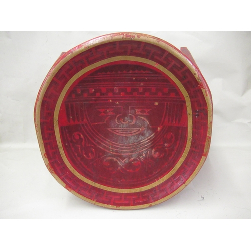 412 - Continental circular red lacquer decorated stool, 31cms diameter