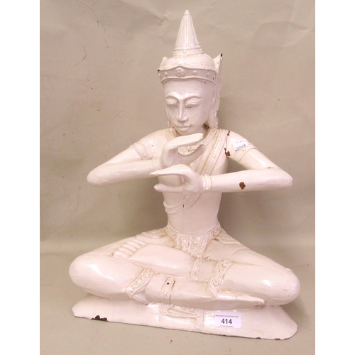 414 - Thai white painted wooden figure of seated buddha