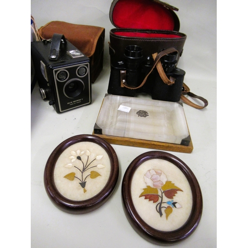 416 - Cased pair of binoculars, a box camera, marble inkstand and a pair of small oval pietra dura inlaid ... 