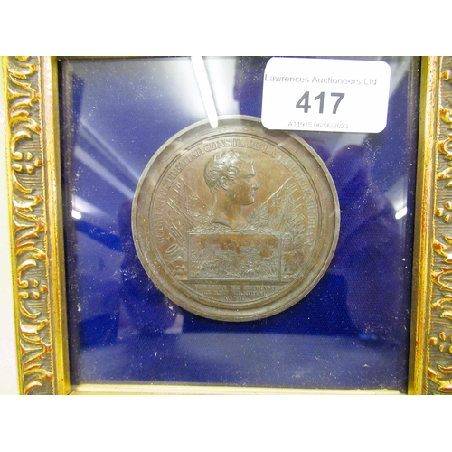 417 - Small framed bronzed medallion commemorating the Battle of Maringo