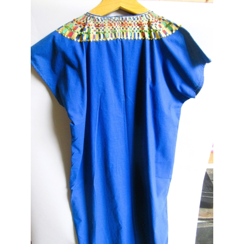 44 - Long blue dress / tabard, gold painted and beaded with Egyptian motifs