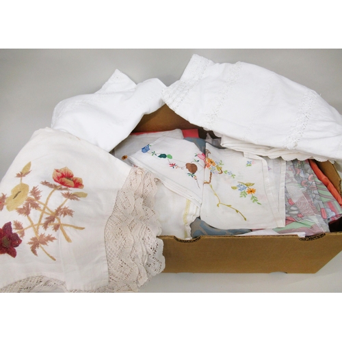 47 - Two boxes containing a quantity of various table 
linen, bed linen and throws etc.