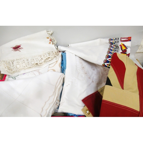 47 - Two boxes containing a quantity of various table 
linen, bed linen and throws etc.
