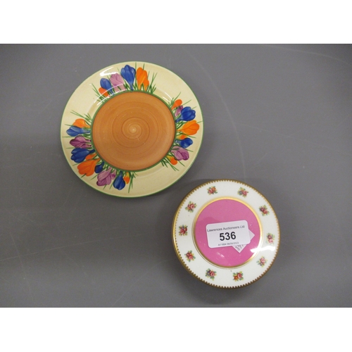 536 - Clarice Cliff Bizarre Crocus pattern side plate, 15cms diameter, together with a circular porcelain ... 