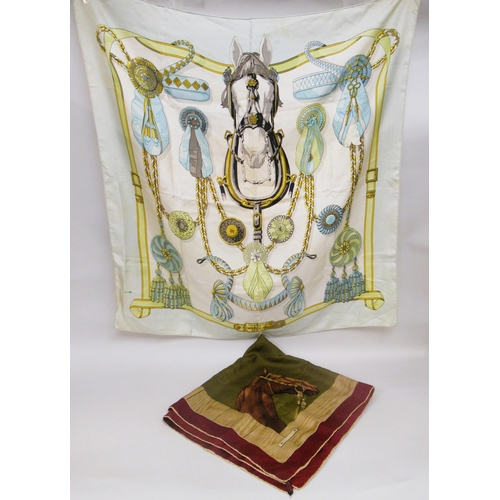 64 - Hermes, ' Frontaux Et Cocardes ' silk scarf designed by Caty Latham, together with another Italian s... 