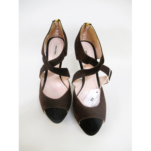 68 - Miu Miu, black and brown suede high heeled sandals with zip to back, size 40.5