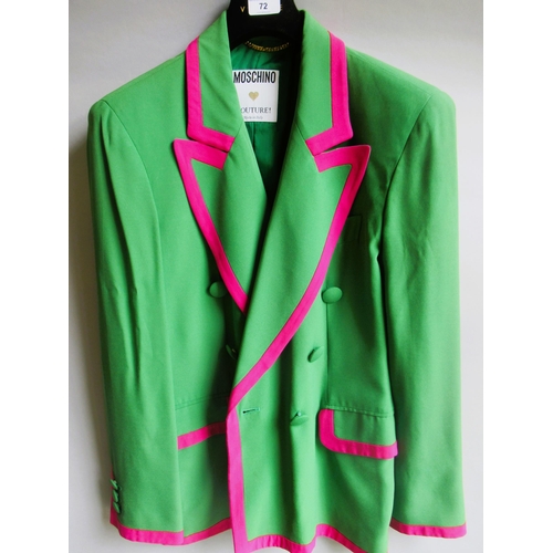 72 - Moschino Couture, ladies double breasted green blazer with bright pink edging.
Size 12 UK