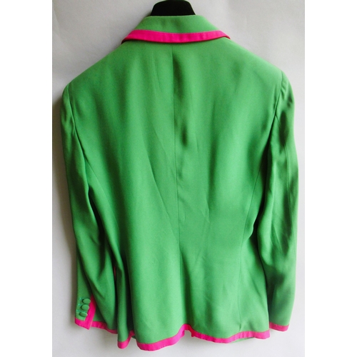 72 - Moschino Couture, ladies double breasted green blazer with bright pink edging.
Size 12 UK