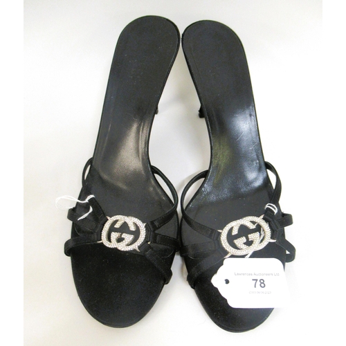 78 - Gucci, black satin mules with crystal set logo to front, size 40C