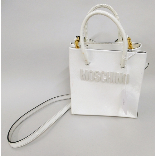 85 - Moschino Logo white patent leather top handle bag, with detachable shoulder strap