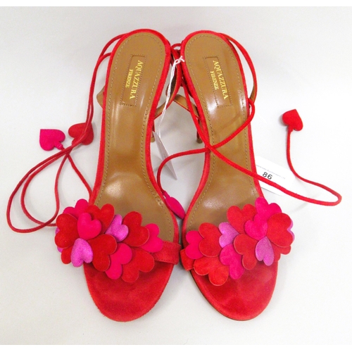 86 - Aquazzura, red suede sandals decorated with red and pink hearts, with tie fastening, size 40.5