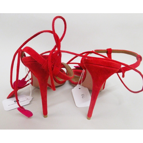 86 - Aquazzura, red suede sandals decorated with red and pink hearts, with tie fastening, size 40.5