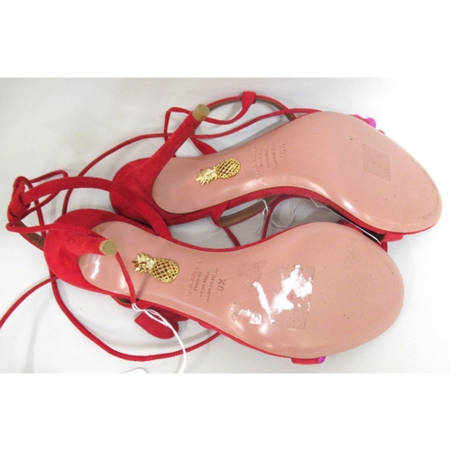 86 - Aquazzura, red suede sandals decorated with red and pink hearts, with tie fastening, size 40.5