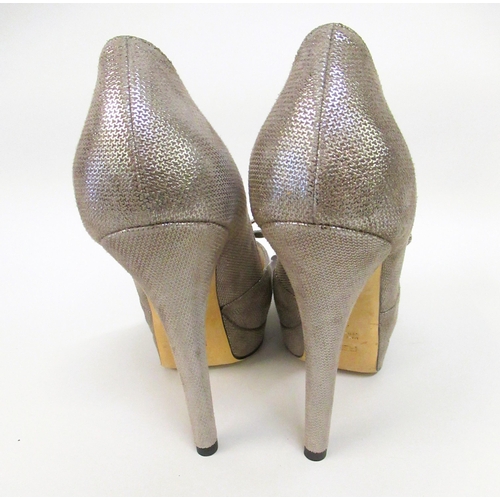 87 - Fendi, pair of silver textured suede open toe shoes with bows, size 40.5