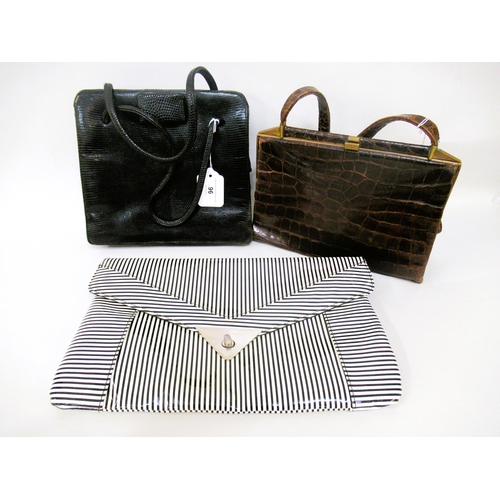 96 - Mappin & Webb black leather handbag, a brown Russell & Bromley handbag and a striped clutch bag by H... 