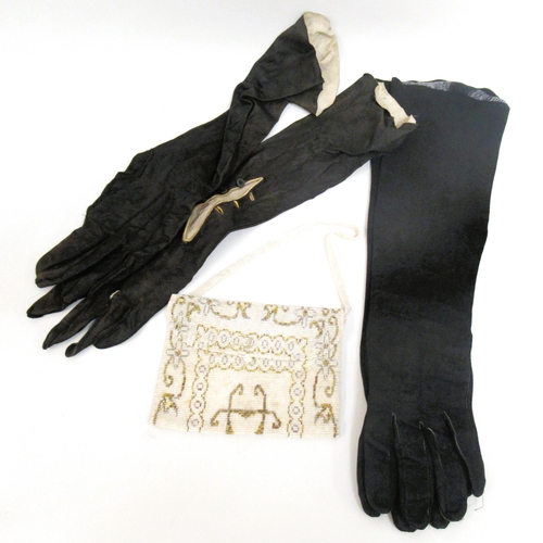 98 - Two pairs of long suede gloves, together with a beaded purse (at fault)