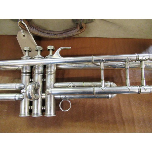 212 - French nickel plated brass trumpet by Aubertin, in original case