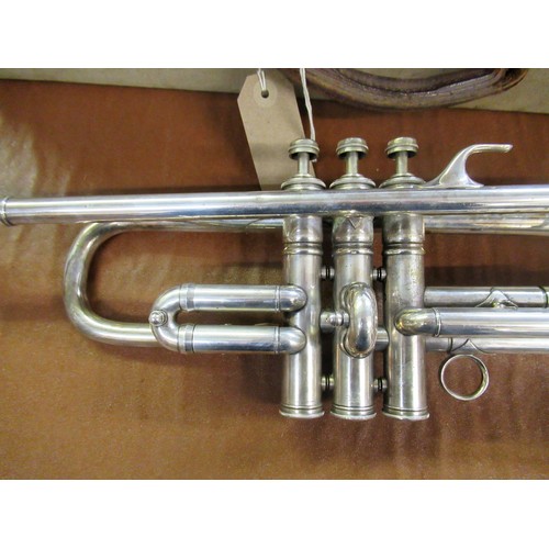 212 - French nickel plated brass trumpet by Aubertin, in original case