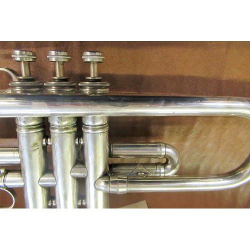 212 - French nickel plated brass trumpet by Aubertin, in original case