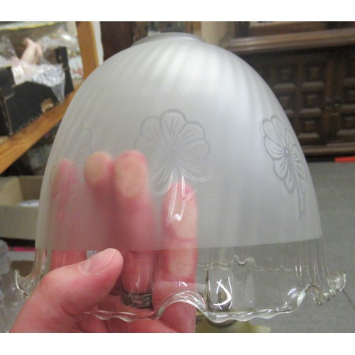 463 - Set of ten matching clear and floral etched glass lampshades and a plaster lamp base mounted with a ... 