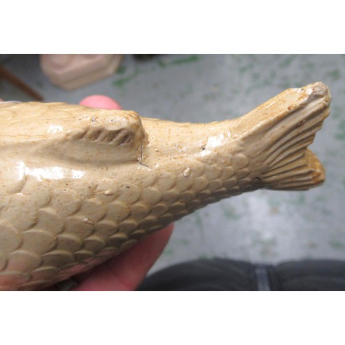 490 - 19th Century salt glazed stoneware bottle flask in the form of a fish, 18cms long