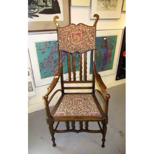 1804 - Art Nouveau oak open armchair with an upholstered and splat back above an upholstered seat, on turne... 