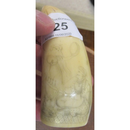 225 - Small 19th Century whale's tooth scrimshaw decorated with a scene depicting an oriental dancer and s... 