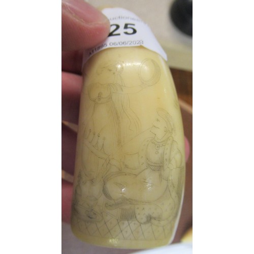 225 - Small 19th Century whale's tooth scrimshaw decorated with a scene depicting an oriental dancer and s... 