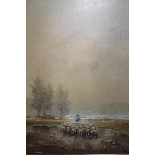 Eric Stapel oil on board, shepherd and flock in a landscape, signed, 59cm x 49cm, gilt framed