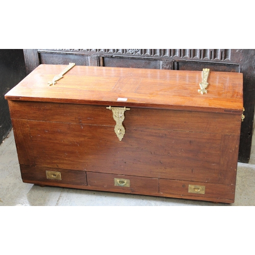 1878 - 20th Century Eastern hardwood chest with hinged lid, brass hinges and drop plate, the base fitted wi... 