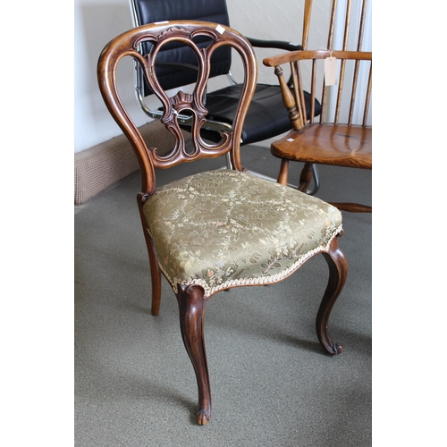 1891 - Set of four Victorian carved walnut balloon back drawing room chairs with pierced carved backs, over... 