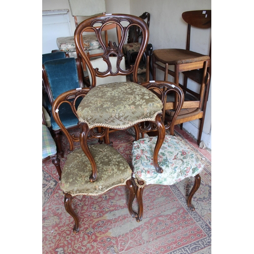 1891 - Set of four Victorian carved walnut balloon back drawing room chairs with pierced carved backs, over... 