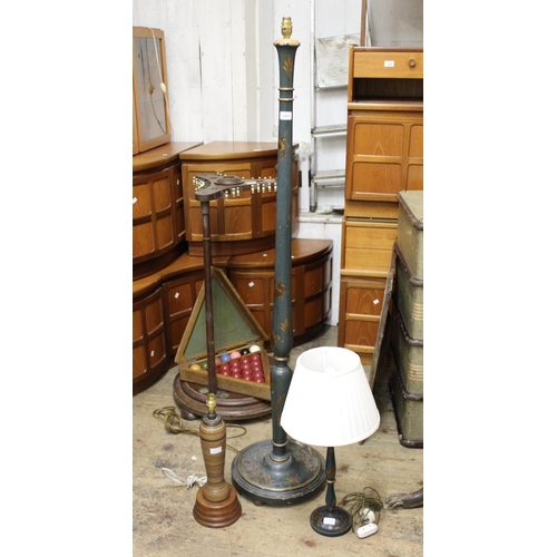 1893 - Blue chinoiserie lacquer standard lamp together with a matching table lamp and another table lamp