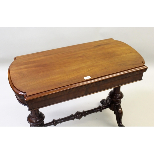 1897 - Victorian mahogany fold-over card table, the shaped moulded top above a plain frieze and turned flut... 