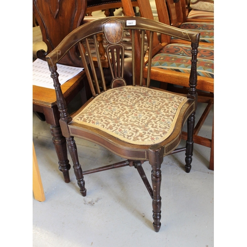 1917 - Edwardian mahogany inlaid corner chair with turned supports and crossover stretcher