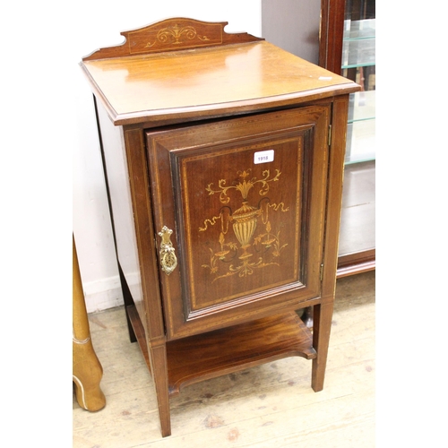 1918 - Edwardian inlaid bedside cabinet having shaped galleried back above a single panel door with underti... 