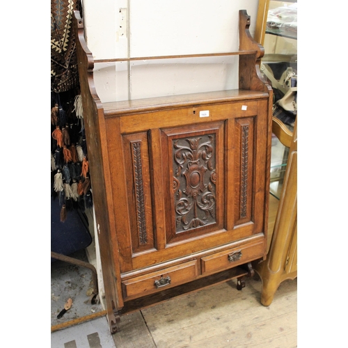 1920 - Late 19th Century oak wall cabinet with a fall front above two drawers and open shelves, 69cms wide ... 