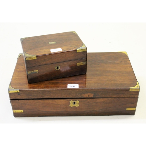 1926 - 19th Century rosewood and brass bound fold-over writing box, together with a similar smaller jewelle... 