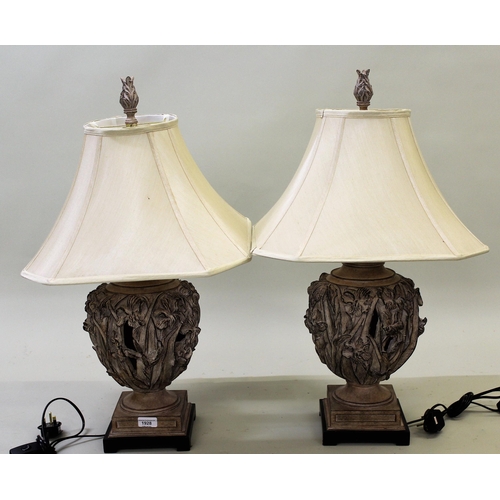 1928 - Pair of modern moulded composition floral design, baluster form table lamps with shades