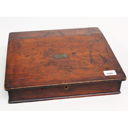 1929 - 19th Century stained pine table top writing box with inkwell, pen and ruler