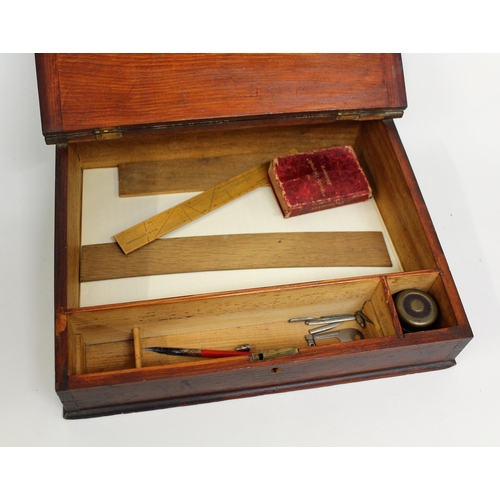 1929 - 19th Century stained pine table top writing box with inkwell, pen and ruler