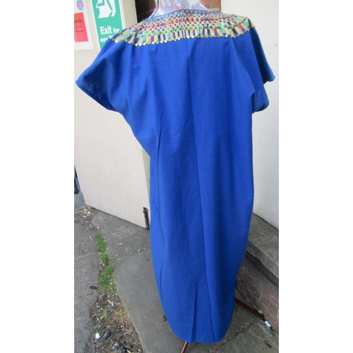 54 - Long blue dress / tabard, gold painted and beaded with Egyptian motifs