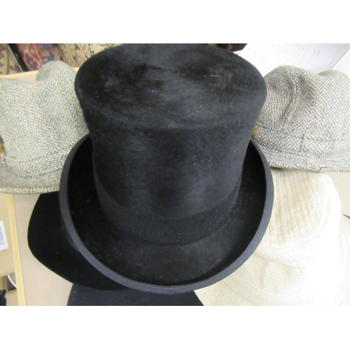 57 - Gentleman's top hat, a bowler hat, military cap and various other hats