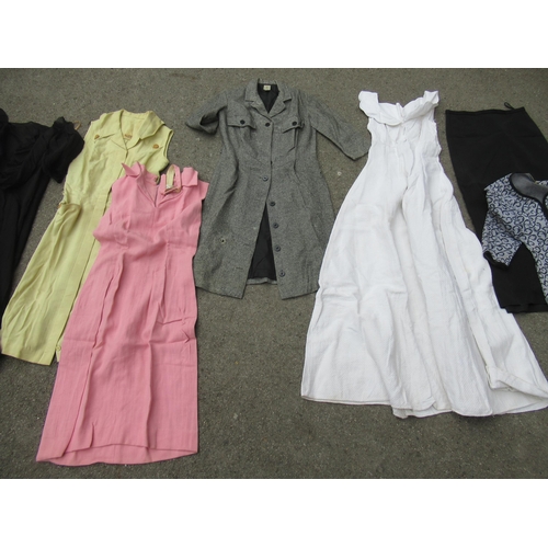 72 - Quantity of 1950's / 60's clothing including a 1950's cream evening dress and a black organza dress ... 