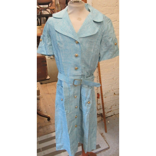 74 - Hardy Amies Boutique, 1950's sleeveless shirt dress with gold buttons and a similar blue dress by Ca... 