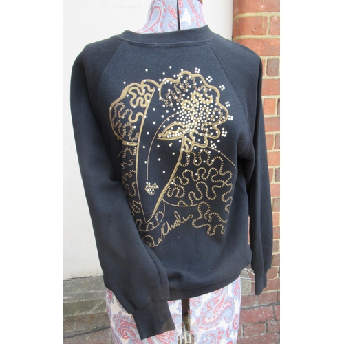 76 - Zandra Rhodes,  1970's ladies black sweatshirt with gold print and rhinestone design, size M