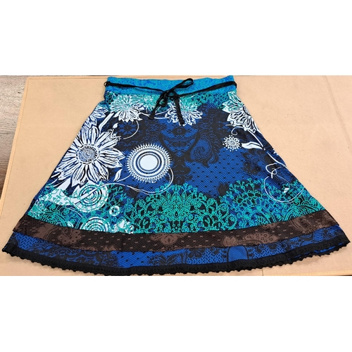 84 - Desigual, black skirt embroidered with butterflies, size 42 and another Desigual blue patterned skir... 