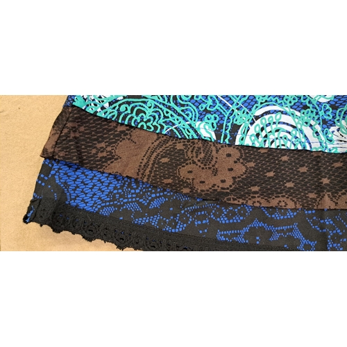 84 - Desigual, black skirt embroidered with butterflies, size 42 and another Desigual blue patterned skir... 