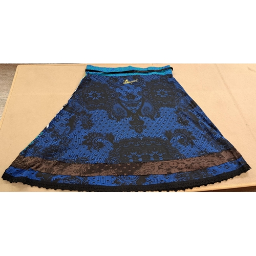 84 - Desigual, black skirt embroidered with butterflies, size 42 and another Desigual blue patterned skir... 